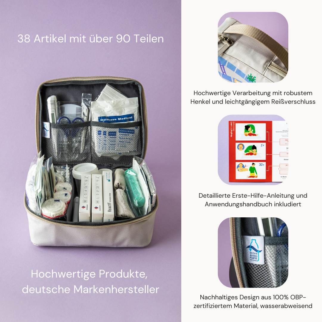 Leni’s Lab Erste-Hilfe-Set mit 38 Artikeln und über 90 Teilen, hochwertige Verarbeitung mit robustem Henkel und leichtgängigem Reißverschluss. Inklusive Erste-Hilfe-Anleitung, Anwendungshandbuch und nachhaltigem, OBP-zertifiziertem, wasserabweisendem Material.