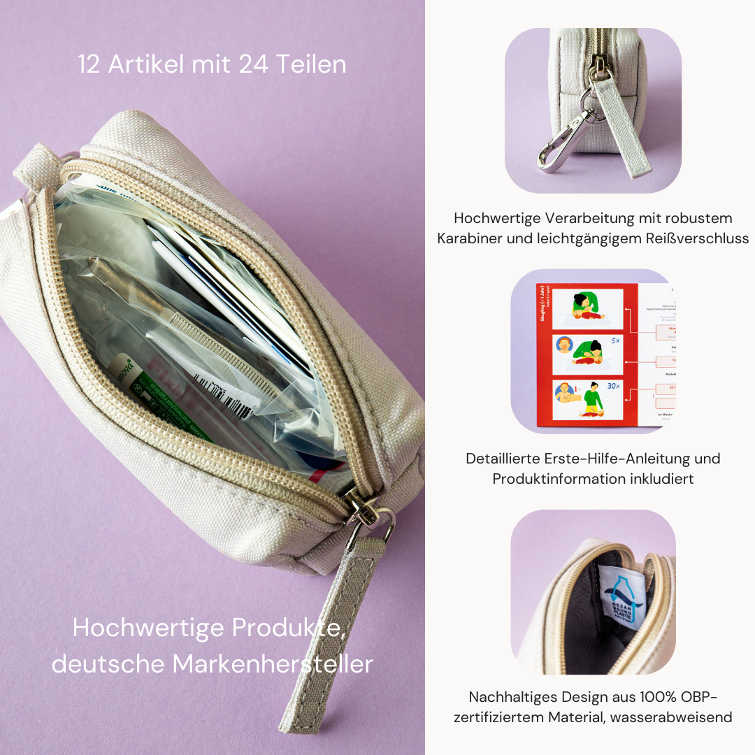 Offene Erste-Hilfe-Tasche ‘pouch!’ von Leni’s Lab mit 12 Artikeln (24 Teilen), darunter Pflaster, Desinfektionstücher und eine Erste-Hilfe-Anleitung. Hochwertige Verarbeitung mit robustem Karabiner und leichtgängigem Reißverschluss. Hergestellt aus 100 % OBP-zertifiziertem, wasserabweisendem Material. Ideal für unterwegs.