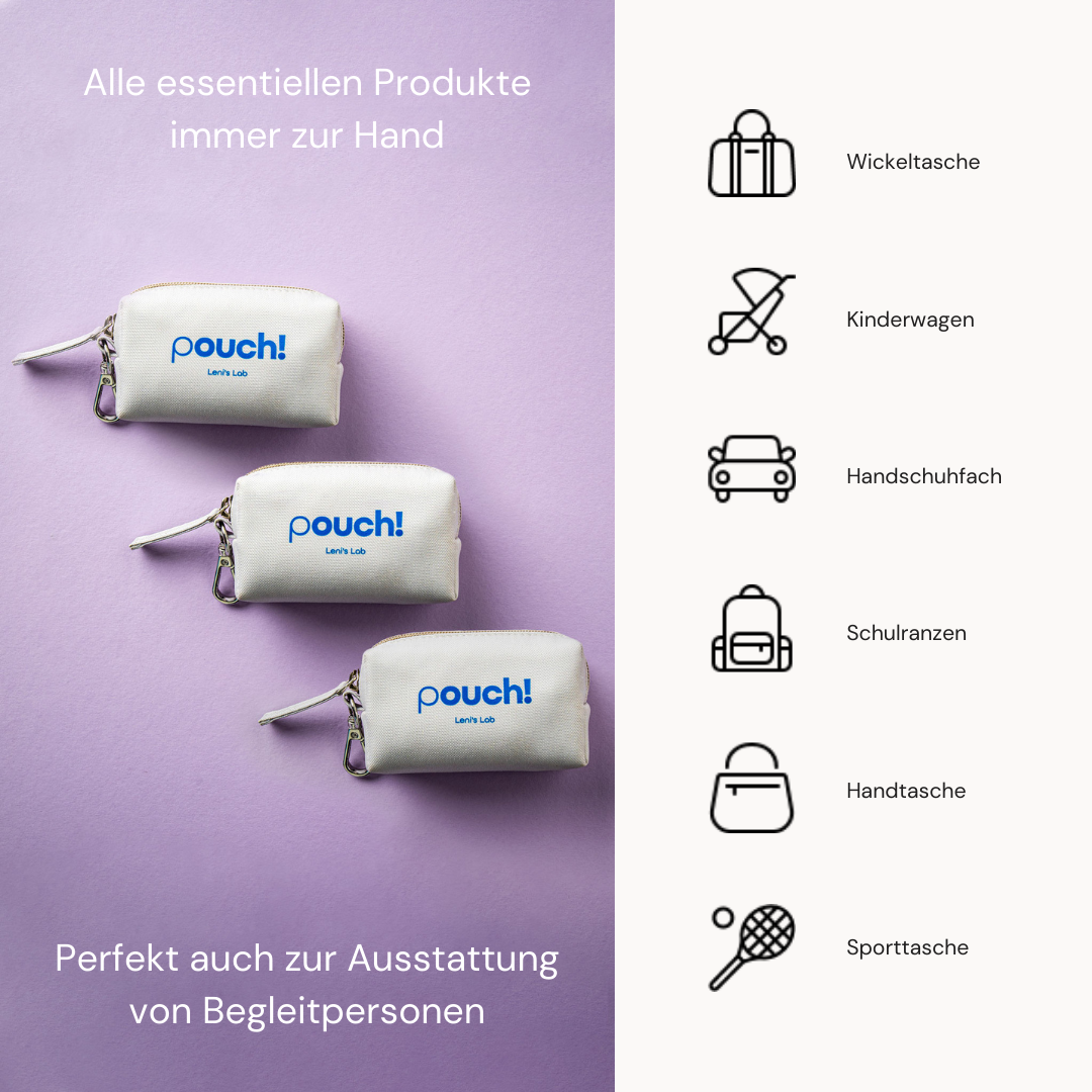 Kompaktes Erste-Hilfe-Set ‘pouch!’ von Leni’s Lab – ideal für Wickeltaschen, Kinderwagen, Auto-Handschuhfach, Schulranzen, Handtasche oder Sporttasche. Praktisch für unterwegs und für Begleitpersonen.