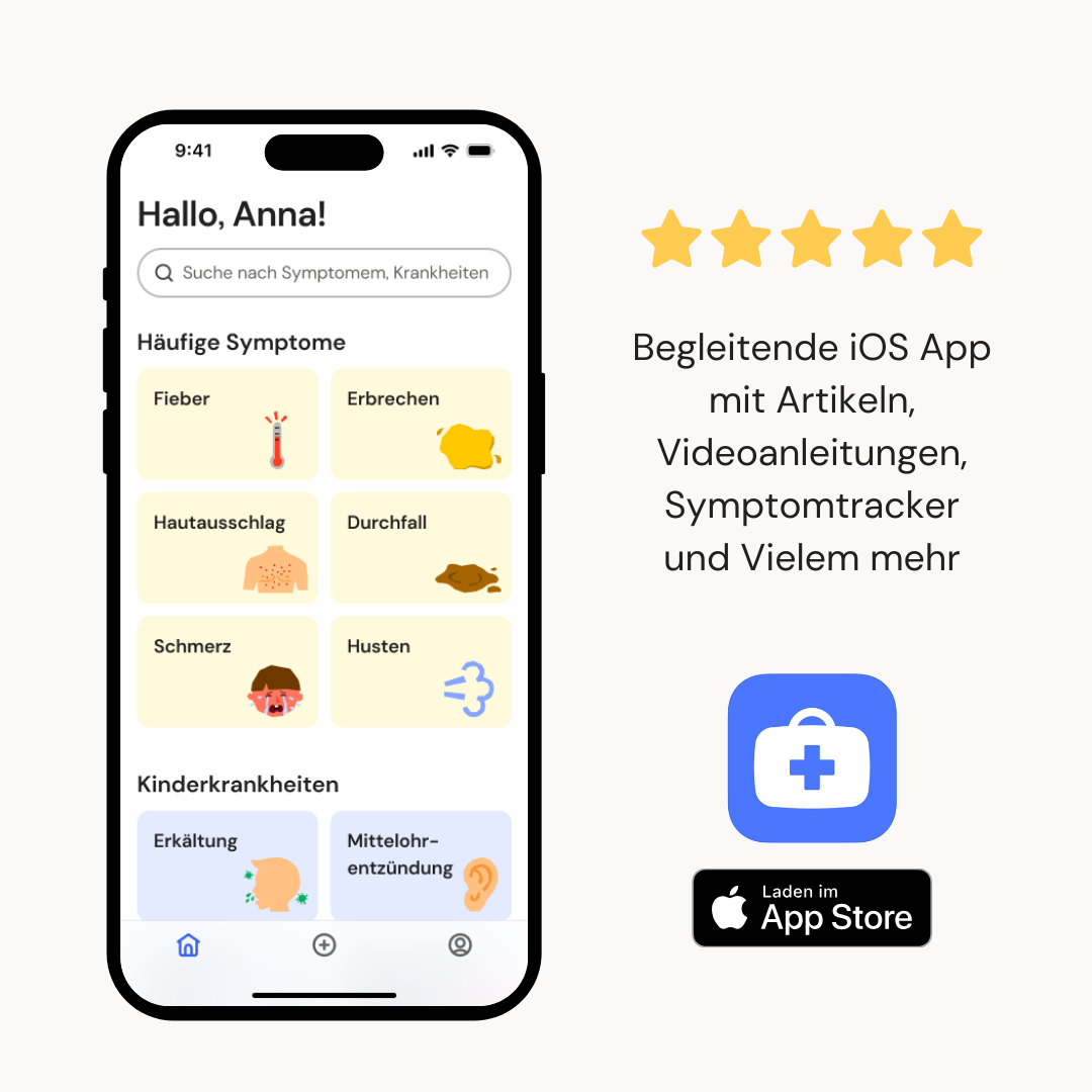Leni's Lab Kinder-Gesundheits-App für Eltern, die Symptome wie Fieber, Erbrechen, Hautausschlag oder Husten anzeigen. Die App bietet Artikel, Videoanleitungen und einen Symptomtracker. Begleitende iOS-App mit 5-Sterne-Bewertung, verfügbar im App Store.