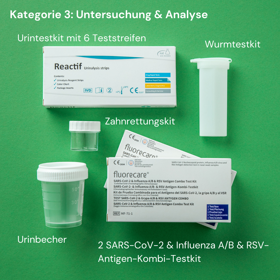 Untersuchungs- und Analyse-Kit aus dem Leni’s Lab Erste-Hilfe-Set: Urintestkit mit 6 Teststreifen, Wurmtestkit, Urinbecher, Zahnrettungskit sowie 2 SARS-CoV-2, Influenza A/B & RSV-Antigen-Kombi-Testkits. Praktische Diagnostik für Zuhause.