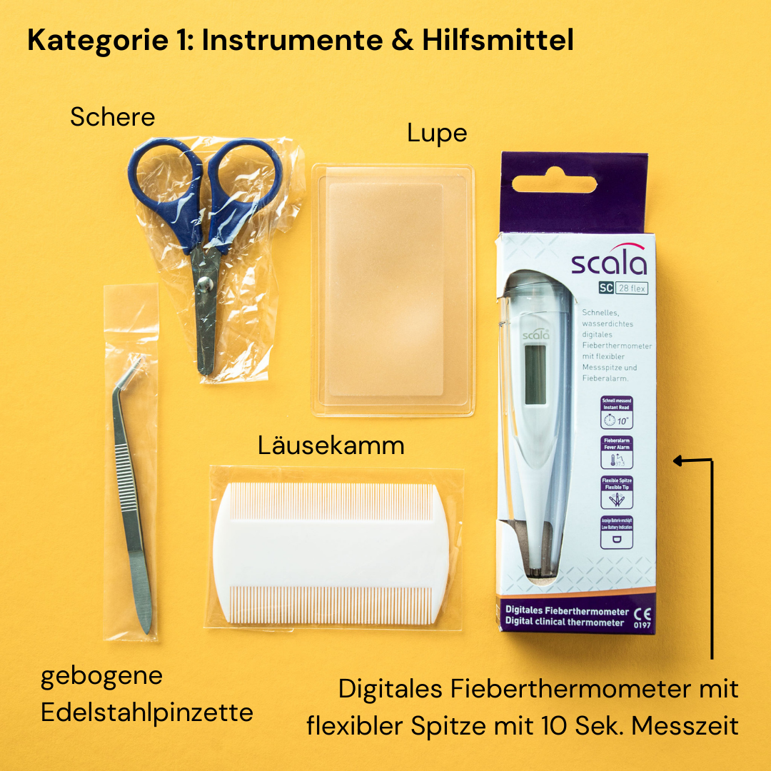 Instrumente & Hilfsmittel aus dem Leni’s Lab Erste-Hilfe-Set: Schere, Lupe, Läusekamm, gebogene Edelstahlpinzette und digitales Fieberthermometer mit flexibler Spitze und 10-Sekunden-Messzeit. Hochwertige Notfallausrüstung für Kinder und Familien.