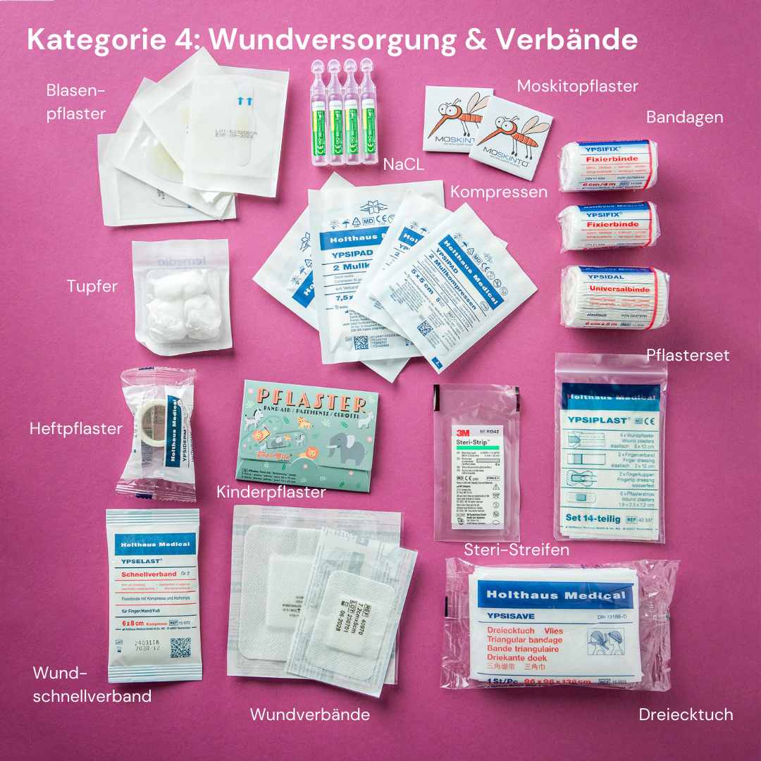 Wundversorgungs- und Verbandsmaterial aus dem Leni’s Lab Erste-Hilfe-Set: Blasenpflaster, NaCl-Ampullen, Tupfer, Kompressen, Moskitopflaster, Bandagen, Pflasterset, Heftpflaster, Kinderpflaster, Steri-Streifen, Schnellverband, Wundverbände und Dreieckstuch. Hochwertige Materialien für die Erstversorgung von Verletzungen.